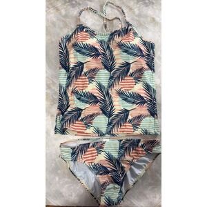 Girls‎ Swimsuit Tankini Set Palm Print Crisscross Back Beach Vacation Size 15/16